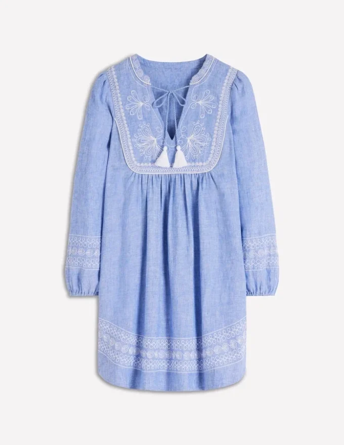 Pia Linen Yoke Tassel Dress Chambray Embroidery Pia Linen Yoke Tassel Dress Chambray Embroidery