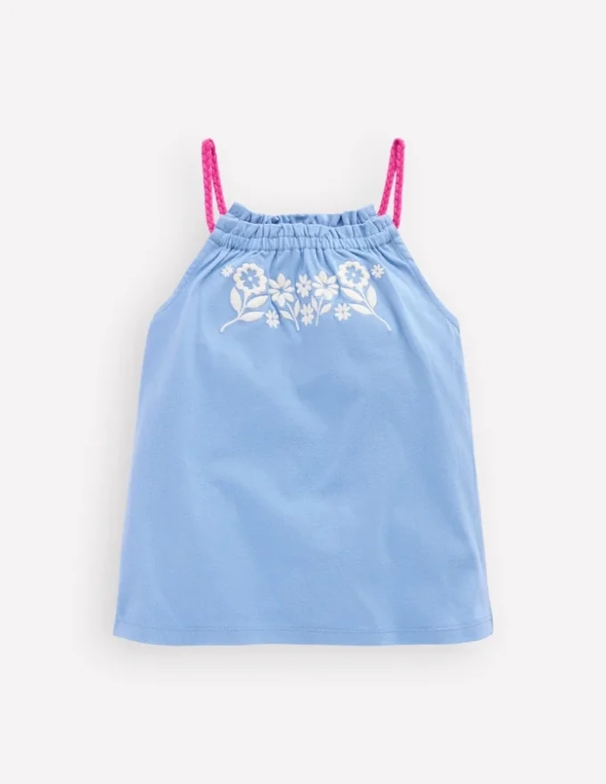 Plaited Strap Embroidered Tank Forget Me Not Blue Plaited Strap Embroidered Tank Forget Me Not Blue