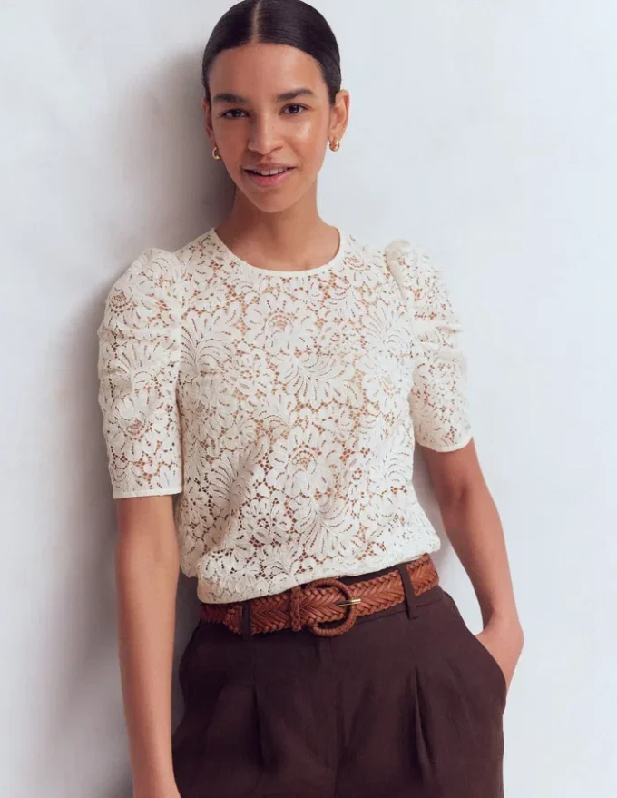 Pleat Sleeve Lace T-shirt Ivory Pleat Sleeve Lace T-shirt Ivory