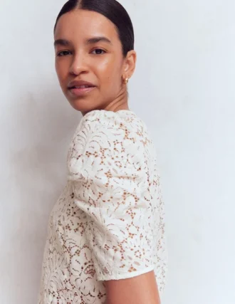 Pleat Sleeve Lace T-shirt Ivory