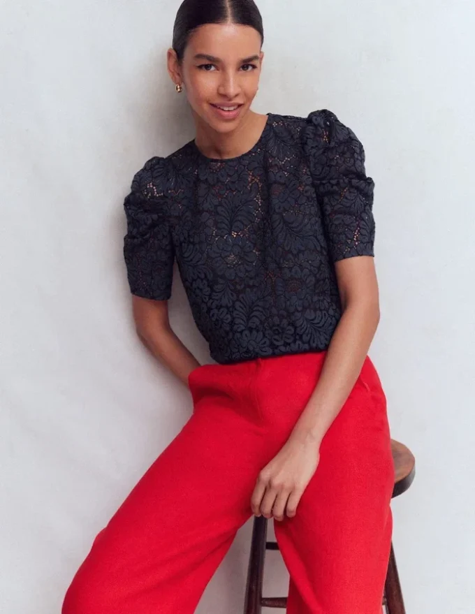 Pleat Sleeve Lace T-shirt Navy Pleat Sleeve Lace T-shirt Navy