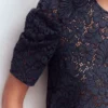 Pleat Sleeve Lace T-shirt Navy Pleat Sleeve Lace T-shirt Navy