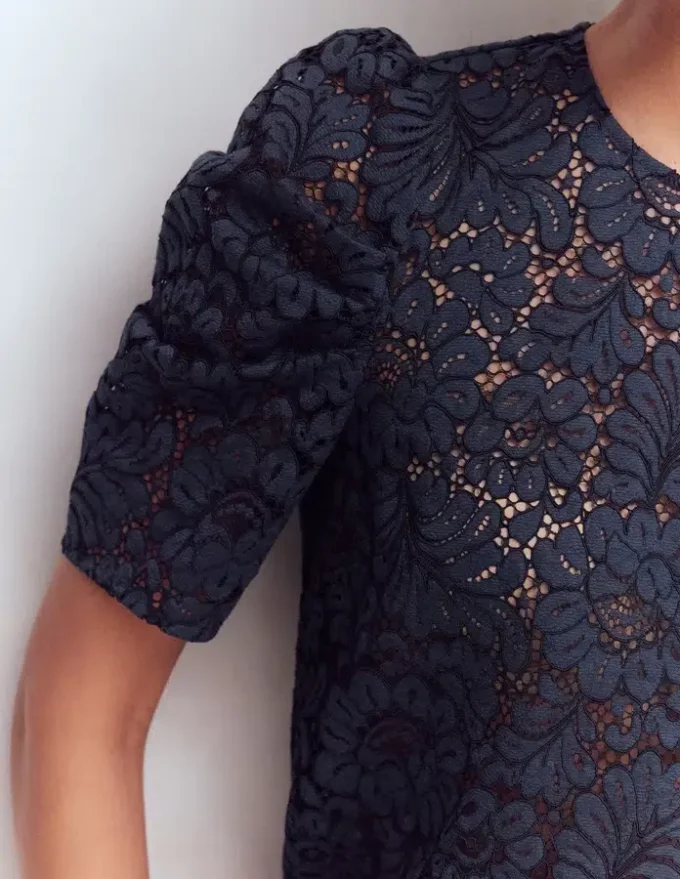 Pleat Sleeve Lace T-shirt Navy Pleat Sleeve Lace T-shirt Navy