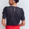 Pleat Sleeve Lace T-shirt Navy Pleat Sleeve Lace T-shirt Navy