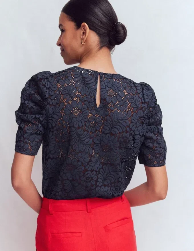 Pleat Sleeve Lace T-shirt Navy Pleat Sleeve Lace T-shirt Navy