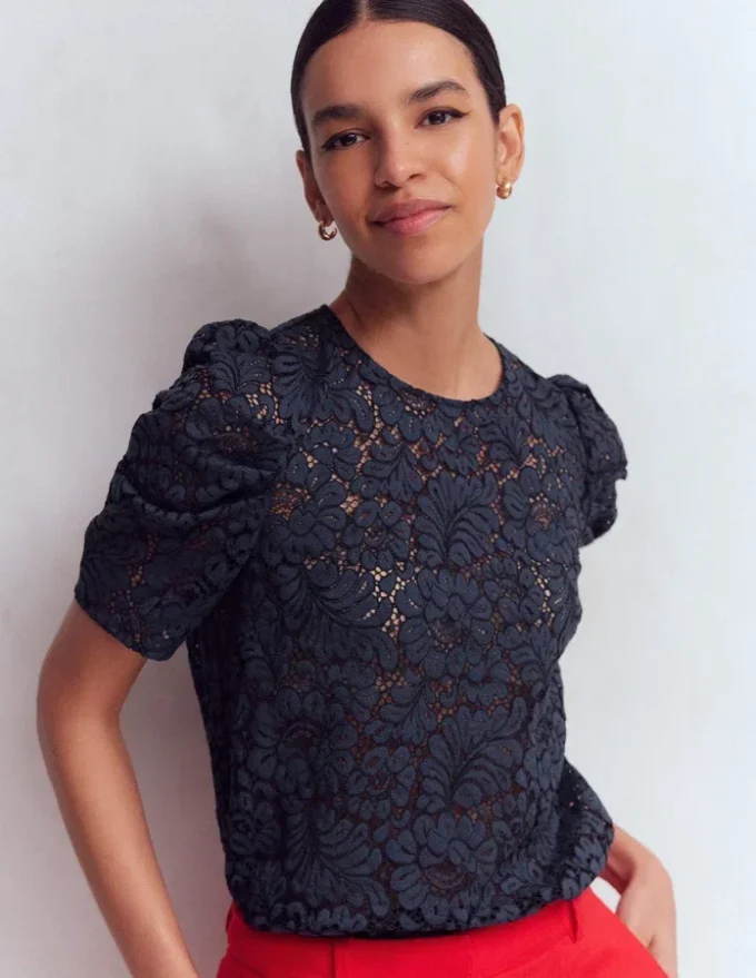 Pleat Sleeve Lace T-shirt Navy Pleat Sleeve Lace T-shirt Navy