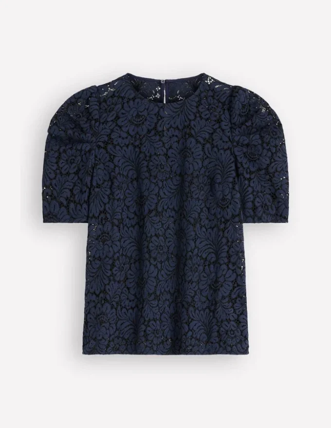 Pleat Sleeve Lace T-shirt Navy Pleat Sleeve Lace T-shirt Navy