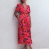 Pleat V-neck Dress Pink, Elaborate Blossom Pleat V-neck Dress Pink, Elaborate Blossom