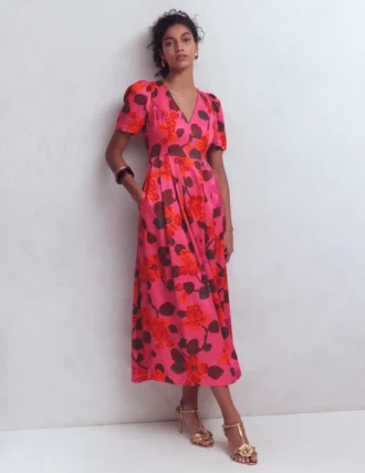 Pleat V-neck Dress Pink, Elaborate Blossom