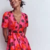 Pleat V-neck Dress Pink, Elaborate Blossom Pleat V-neck Dress Pink, Elaborate Blossom