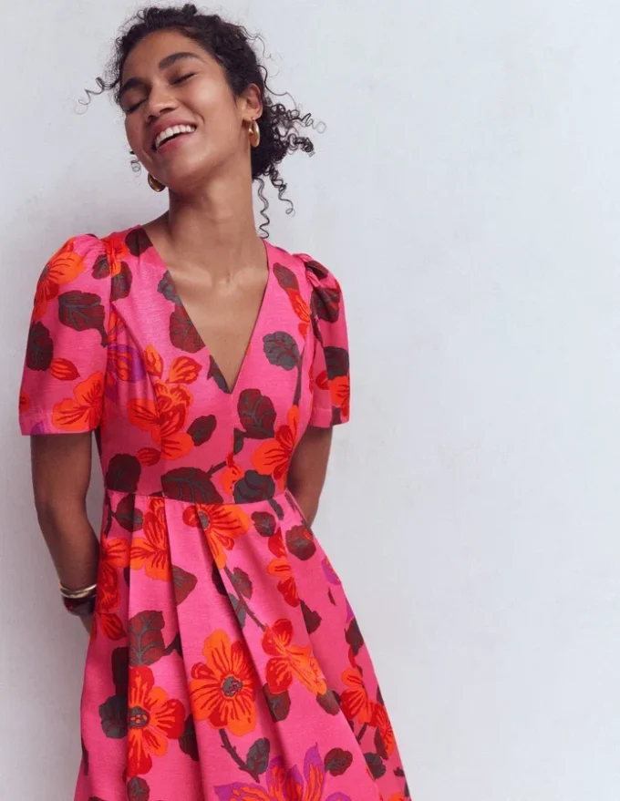 Pleat V-neck Dress Pink, Elaborate Blossom Pleat V-neck Dress Pink, Elaborate Blossom