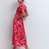Pleat V-neck Dress Pink, Elaborate Blossom Pleat V-neck Dress Pink, Elaborate Blossom