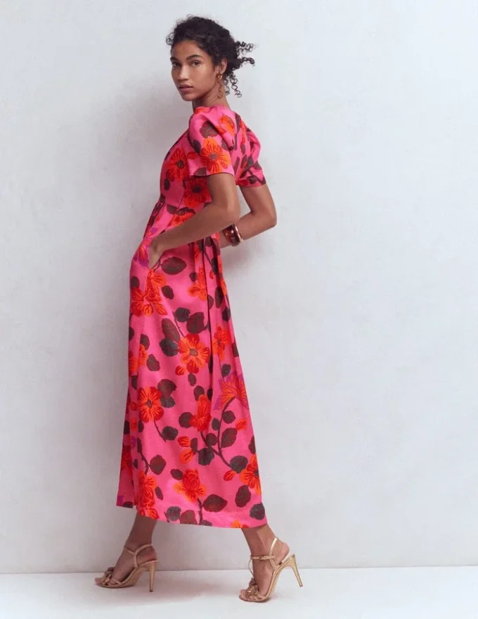 Pleat V-neck Dress Pink, Elaborate Blossom Pleat V-neck Dress Pink, Elaborate Blossom