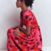 Pleat V-neck Dress Pink, Elaborate Blossom Pleat V-neck Dress Pink, Elaborate Blossom