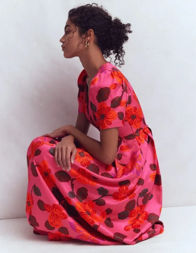 Pleat V-neck Dress Pink, Elaborate Blossom Pleat V-neck Dress Pink, Elaborate Blossom