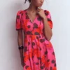 Pleat V-neck Dress Pink, Elaborate Blossom Pleat V-neck Dress Pink, Elaborate Blossom