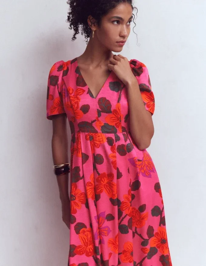 Pleat V-neck Dress Pink, Elaborate Blossom Pleat V-neck Dress Pink, Elaborate Blossom