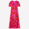 Pleat V-neck Dress Pink, Elaborate Blossom Pleat V-neck Dress Pink, Elaborate Blossom