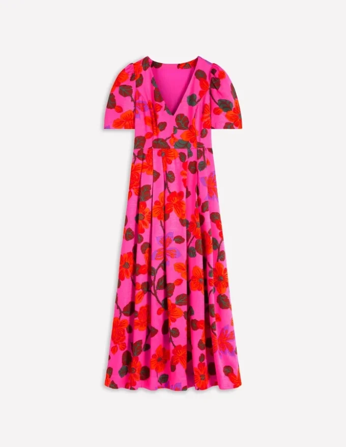 Pleat V-neck Dress Pink, Elaborate Blossom Pleat V-neck Dress Pink, Elaborate Blossom