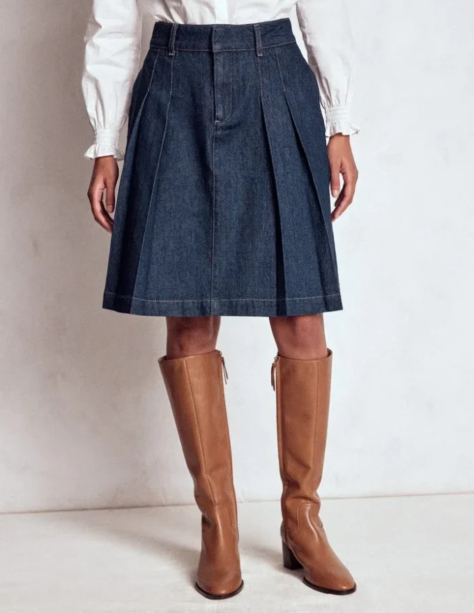 Pleated Denim Skirt Indigo Pleated Denim Skirt Indigo
