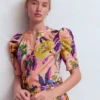 Pleated Mutton Sleeve Top Multi, Opulent Blossom