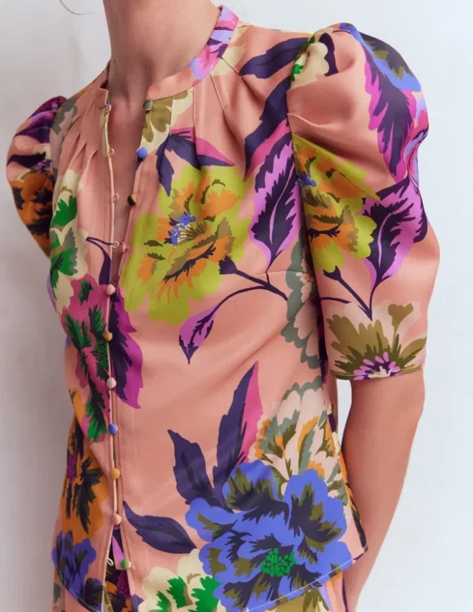 Pleated Mutton Sleeve Top Multi, Opulent Blossom