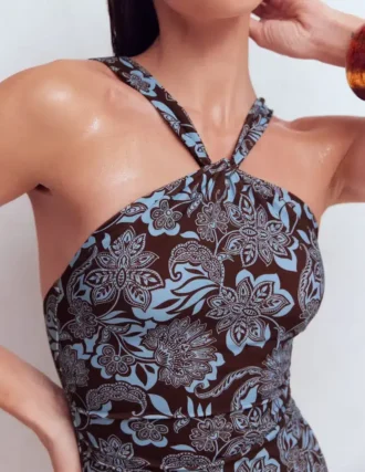 Pleated Strap Cross Swimsuit Hot Chocolate, Elegant Blossom