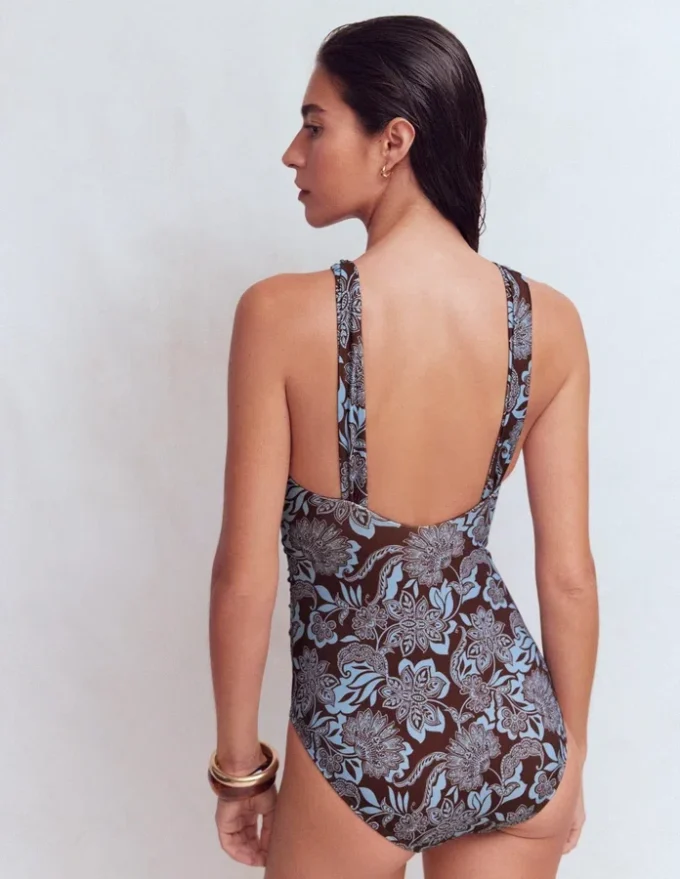 Pleated Strap Cross Swimsuit Hot Chocolate, Elegant Blossom Pleated Strap Cross Swimsuit Hot Chocolate, Elegant Blossom