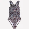 Pleated Strap Cross Swimsuit Hot Chocolate, Elegant Blossom Pleated Strap Cross Swimsuit Hot Chocolate, Elegant Blossom