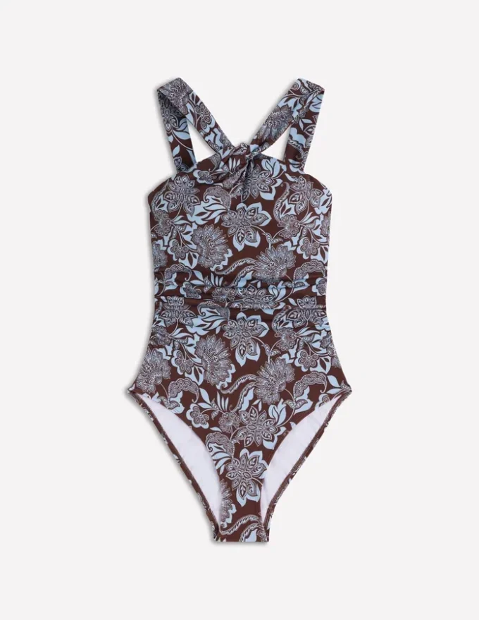Pleated Strap Cross Swimsuit Hot Chocolate, Elegant Blossom Pleated Strap Cross Swimsuit Hot Chocolate, Elegant Blossom