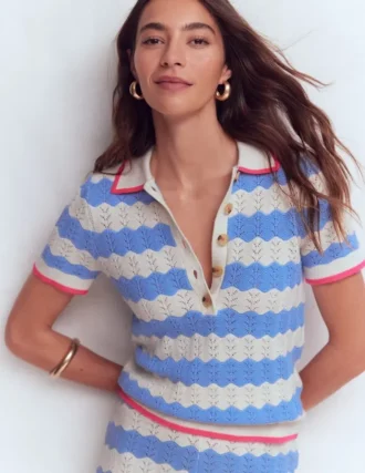 Pointelle Henley T-shirt Blue, White