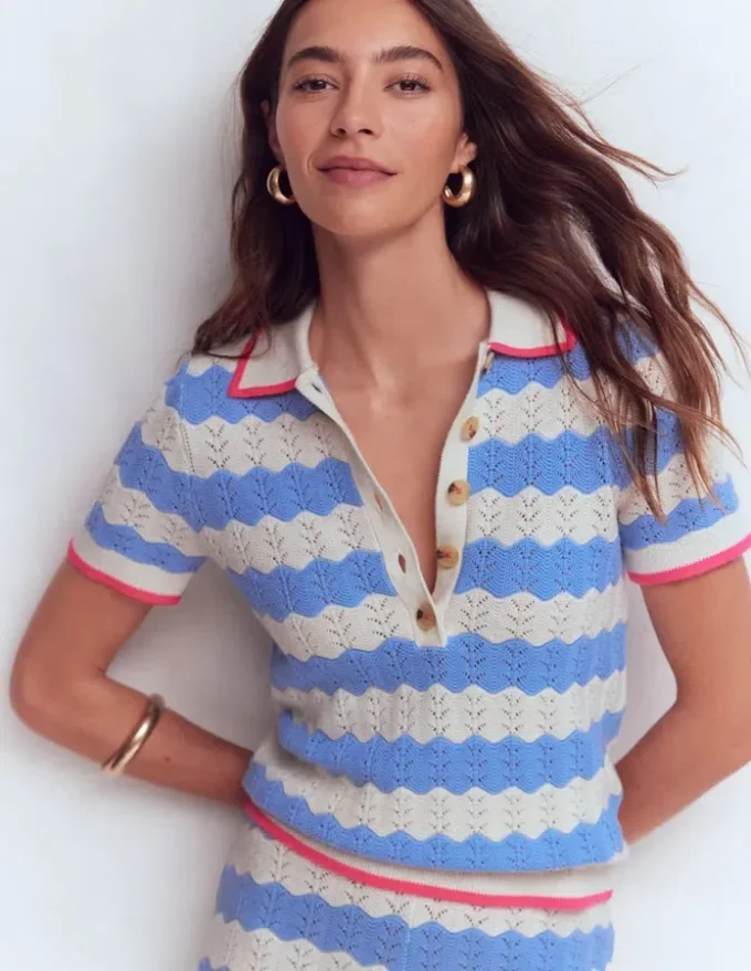 Pointelle Henley T-shirt Blue, White Pointelle Henley T-shirt Blue, White