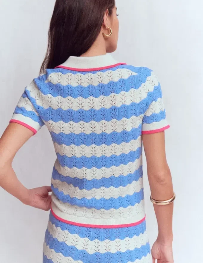 Pointelle Henley T-shirt Blue, White Pointelle Henley T-shirt Blue, White