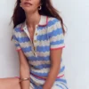 Pointelle Henley T-shirt Blue, White Pointelle Henley T-shirt Blue, White