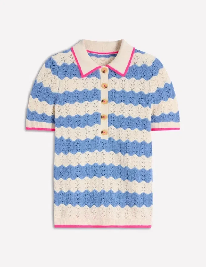 Pointelle Henley T-shirt Blue, White Pointelle Henley T-shirt Blue, White