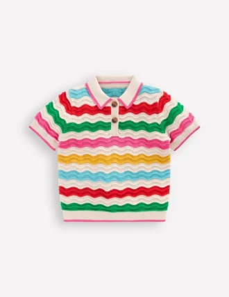 Pointelle Knitted Polo Top Ecru Marl Multi Wave Pointelle Knitted Polo Top Ecru Marl Multi Wave