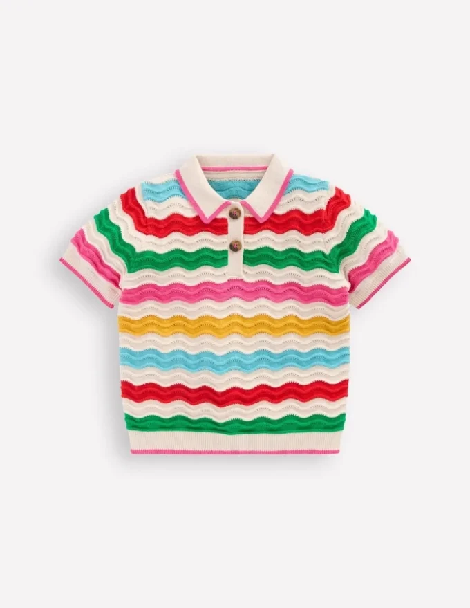 Pointelle Knitted Polo Top Ecru Marl Multi Wave Pointelle Knitted Polo Top Ecru Marl Multi Wave