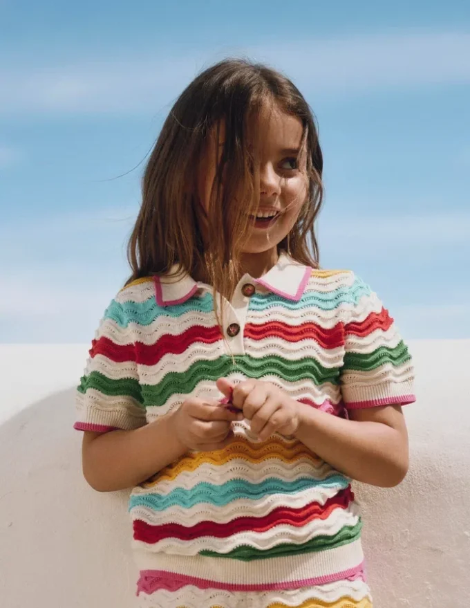 Pointelle Knitted Polo Top Ecru Marl Multi Wave Pointelle Knitted Polo Top Ecru Marl Multi Wave