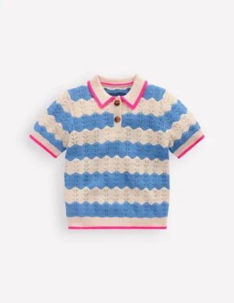 Pointelle Knitted Polo Top Wave Blue Pointelle Knitted Polo Top Wave Blue