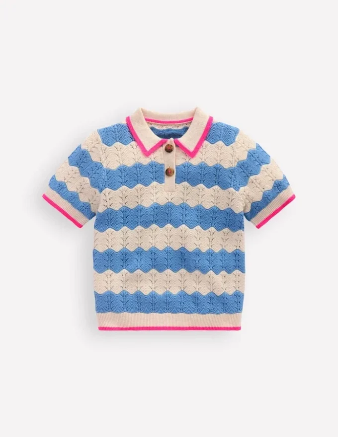 Pointelle Knitted Polo Top Wave Blue