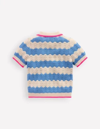 Pointelle Knitted Polo Top Wave Blue Pointelle Knitted Polo Top Wave Blue