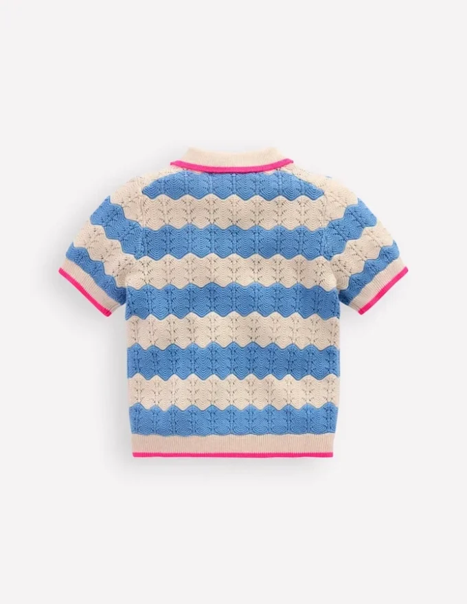 Pointelle Knitted Polo Top Wave Blue