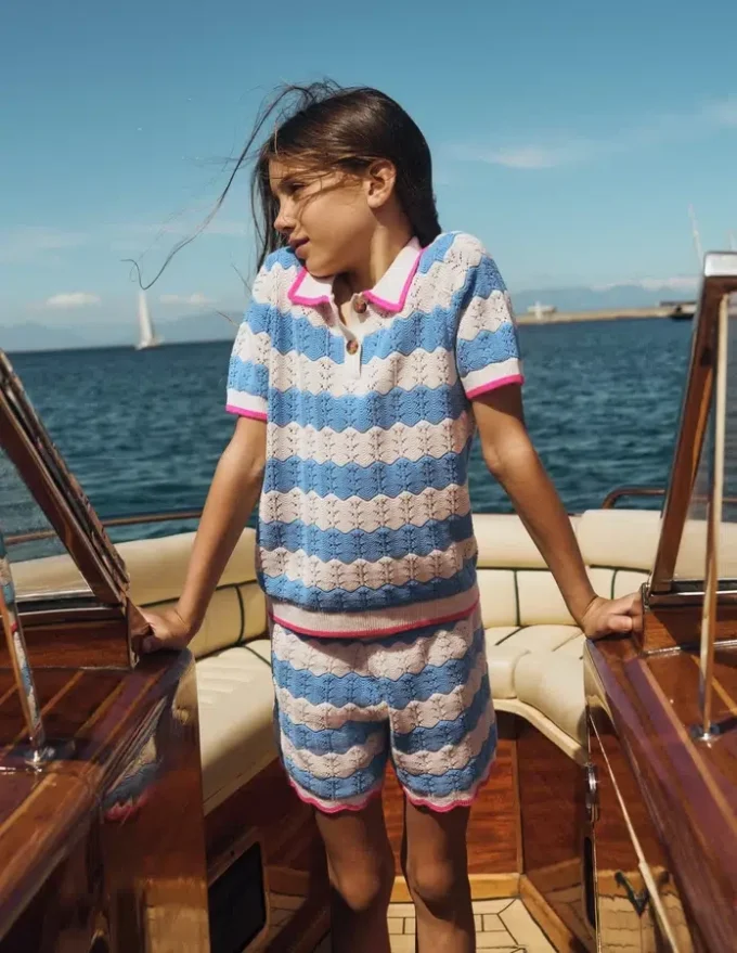 Pointelle Knitted Polo Top Wave Blue