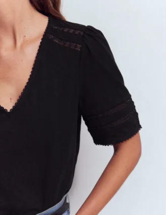 Poppy Trim V Neck T-Shirt Black