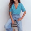 Poppy Trim V Neck T-Shirt Duck Egg Blue Poppy Trim V Neck T-Shirt Duck Egg Blue