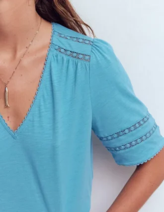 Poppy Trim V Neck T-Shirt Duck Egg Blue