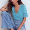 Poppy Trim V Neck T-Shirt Duck Egg Blue Poppy Trim V Neck T-Shirt Duck Egg Blue