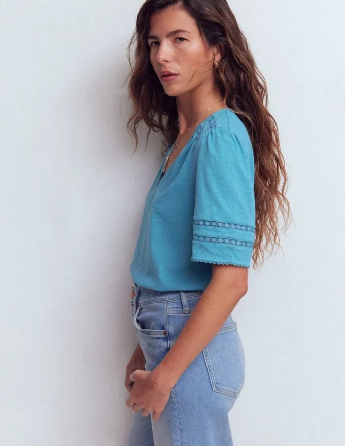 Poppy Trim V Neck T-Shirt Duck Egg Blue Poppy Trim V Neck T-Shirt Duck Egg Blue