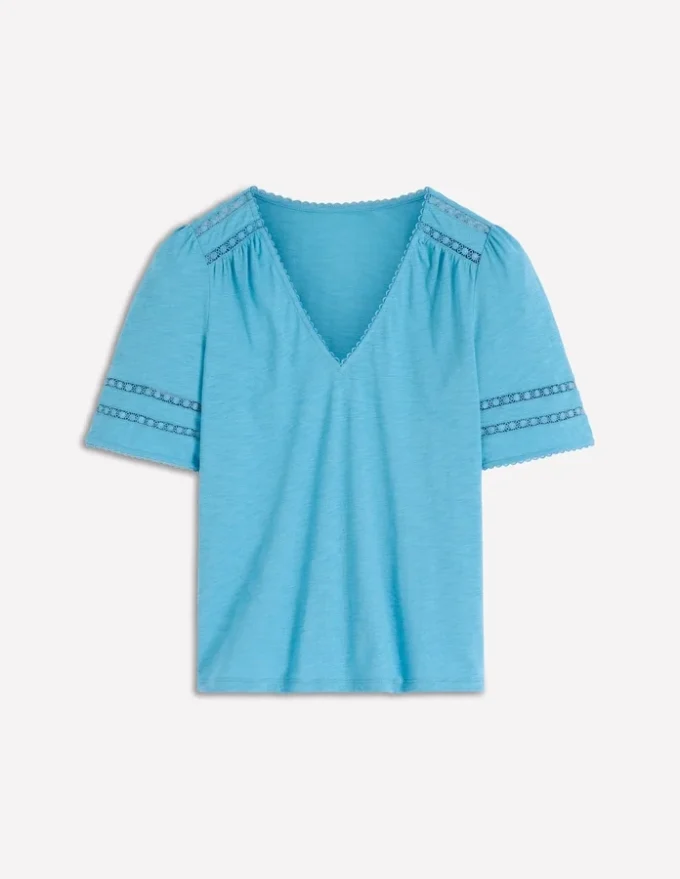 Poppy Trim V Neck T-Shirt Duck Egg Blue Poppy Trim V Neck T-Shirt Duck Egg Blue