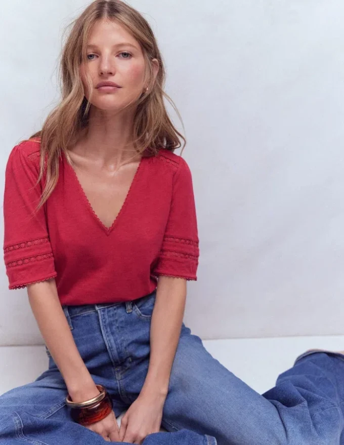Poppy Trim V Neck T-Shirt Terracotta Red